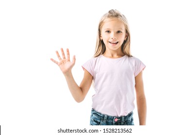 Happy Child Waving Hand And Smiling Isolated On White 