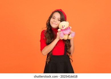 Happy Childhood. Lovely Small Girl Smiling Happy Face Hold Toy. Imaginary Friend. Little Girl Play With Soft Toy Teddy Bear. Child Care. Childhood Memories. Emotional Intellect. Lovely Child