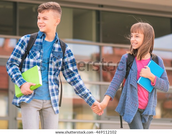 Happy Children Boy Girl Books Backpacks Stock Photo 469112102 ...