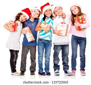 Happy Children With Christmas Gifts - Isolated Over A White Background