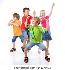 happy children dancing on a white background, healthy life, kid's togetherness and happiness concept