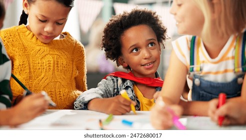 Happy children, drawing and paper with class in kindergarten for fun activity or coloring in classroom. Group of young elementary kids sketching colorful poster or sign for learning and development - Powered by Shutterstock