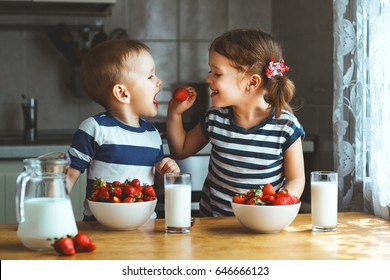 Happy children girl and boy brother and sister eating strawberries with milk

