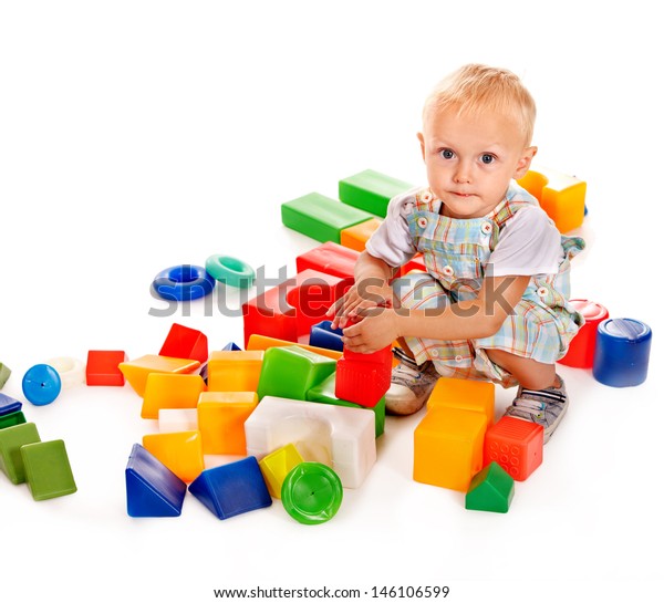 Happy Children Playing Building Blocks Isolated Stock Photo 146106599
