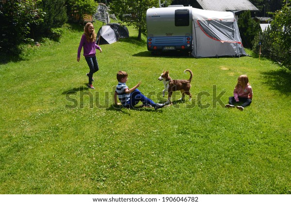 Happy children playing\
with a dog at a camping place next to the camper van and tents.\
Space for copy. 