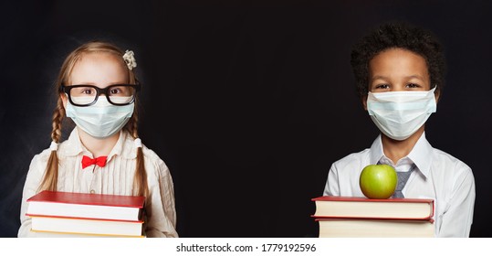 Happy Children In Protective Face Mask On Black Banner Background, Back To School And Covid-19 Concept