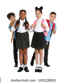 Happy Children In School Uniform On White Background