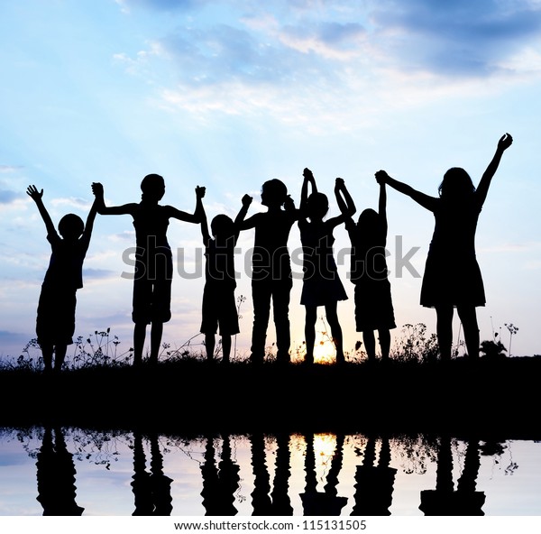 Happy Children Standing Outstretched Arms On Stock Photo (Edit Now ...