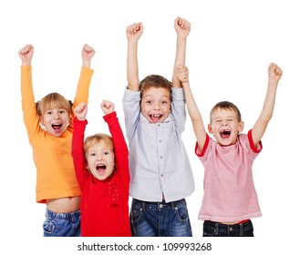 Happy Children With Their Hands Up Isolated On White. Kids