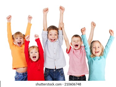 Happy children with their hands up isolated on white