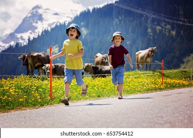 Happy children walking on a rural path in Swiss Alps, springtime, cows in the field