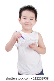 Happy Chinese Boy, Four Years Old, White Background,Happy Painting