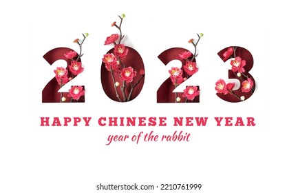Happy Chinese new year 2023 year of the rabbit lunar cycle. Number outlines with red plum flowers on dark red paper. Composite design element with greeting, caption, text, isolated on white background - Powered by Shutterstock