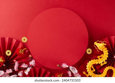 Happy Chinese New Year 2024. Top view photo of gold dragon, paper fans, lucky coins, decorative elements, sakura on red background with blank circle for promo or text - Powered by Shutterstock