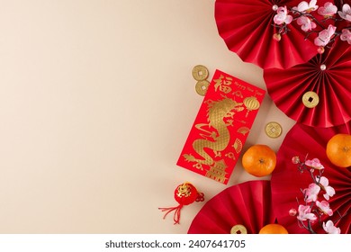 Happy chinese New Year 2024 idea. Top view flat lay of money envelope, tangerines, red folding fans, chinese decor on beige background with advert space
