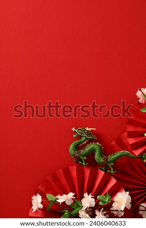 Happy Chinese New Year 2024 concept. Vertical banner template with dragon, paper cut fans, sakura flowers on red background. Lunar New Year poster design.