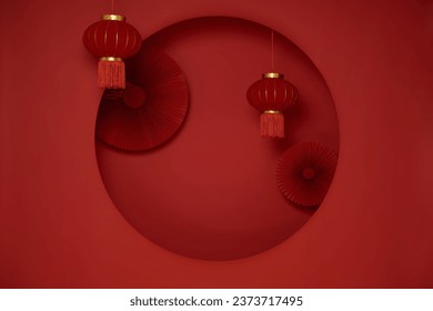 Happy Chinese New Year banner backdrop template. Decoration traditional festival paper fans with lantern on red background.