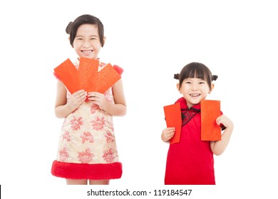 Happy Chinese New Year. Smiling Asian Little Girls Holding Red Envelope