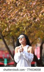 Happy Christian Girl Praying Outside, With Sunglasses, Autumn Style, Asking For Goodness, Thankful, Gratitude, Religion, Christianity 