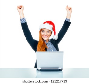 Happy Christmas Bussines Woman Wearing Santa Hat With Hands And Arms Up, Successful Girl Over White Background