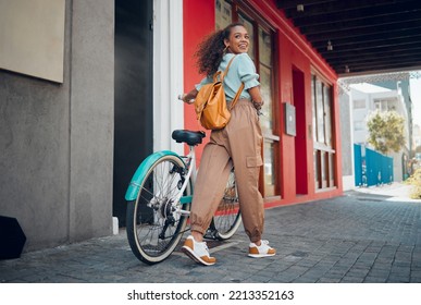 Happy, city and girl with a bicycle to travel to school, university or college to reduce carbon footprint outdoors. Smile, street and young student traveling or riding a cool bike in an urban town - Powered by Shutterstock