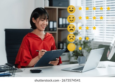 Happy Client customer experience concept. Woman recording Laptop inquiry with checkboxes, smiling face rating excellent for satisfaction survey.	