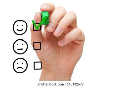 Happy Client Putting Check Mark With Green Marker On Customer Service Evaluation Form.