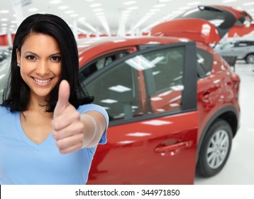 Happy Client Woman Near Cars. Auto Dealership And Rental Concept Background.