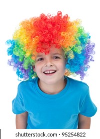 Happy Clown Boy With Large Colorful Wig - Isolated