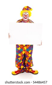 Happy Clown Holding A Blank Sign.  Full Body On White.