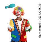 Happy clown juggling clubs on white background