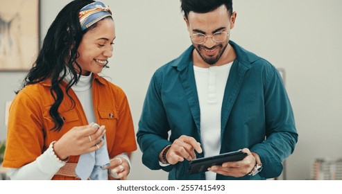 Happy, collaboration and people with tablet, office and research for trends, fashion designer and online. Teamwork, smile and colleagues with app for inspiration, social media and ideas for design - Powered by Shutterstock