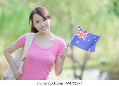 Happy College Student Girl Hold Australian Flag With Nature White Background, Asian