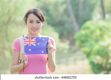 Happy College Student Girl Hold Australian Flag With Nature White Background, Asian