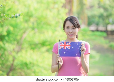 Happy College Student Girl Hold Australian Flag With Nature White Background, Asian