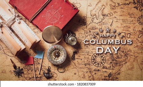 Happy Columbus Day concept. Vintage American compass and retro treasure manuscript.  Flat lay, top view with copy space.