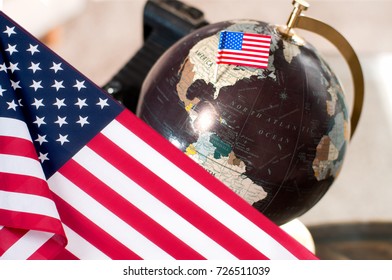 Happy Columbus Day. United States flag. World globe