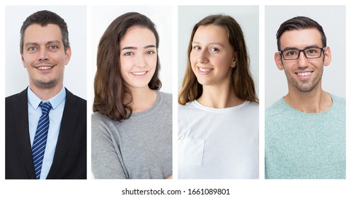 Happy Confident Different People Studio Shot Collage. Men And Woman Of Different Ages Posing For Camera. Multiscreen Montage, Split Screen Collage. Studio Portraits Concept