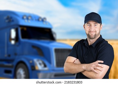 Happy Confident Male Driver Standing In Front On His Truck And Posing