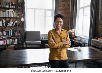 Happy Confident Young Black Business Woman, Freelance Professional, Entrepreneur Head Shot Portrait. Cheerful Short Haired Female Leader, Employee Posing In Home Office. Corporate Head Shot Portrait