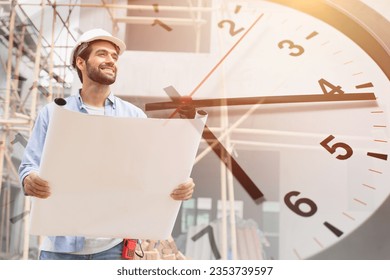 Happy construction project engineer manager overlay with time clock for good control timing punctual building house renovate concept