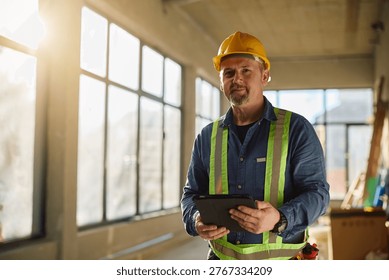 Happy construction work using touchpad while working on hosing project and looking at camera. Copy space. 