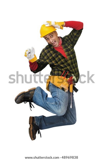 Happy Construction Worker Jumping Isolated White Stock Photo 48969838 ...