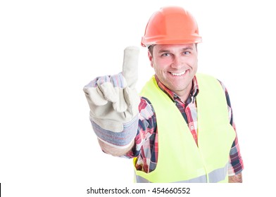 Happy Constructor Pointing Finger Or Showing Number One And Smiling Isolated On White Background