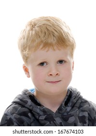 Happy and content blond young boy with isolated background