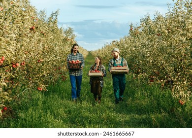 A happy and contented family of horticultural farmers walks through their own property with crates of crops in their hands. All women and men work. Smiles good harvest prosperous year. Front view. - Powered by Shutterstock