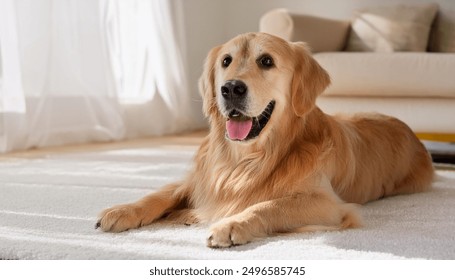 A happy and contented Golden Retriever lies on a plush, white carpet in a sunlit living room. - Powered by Shutterstock