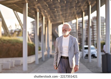 Happy Cool European Bearded Stylish Old Mature Professional Business Man, Smiling Gray Haired Senior Older Adult Businessman Wearing Suit Walking Going Outdoors In Big City On Sunny Day.