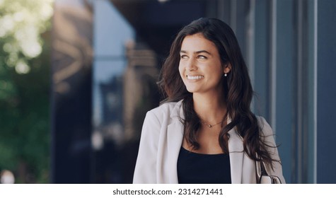 Happy, corporate and business woman in city for mockup space, professional or happiness. Commute, modern and natural with female employee thinking in urban outdoor for motivation, confident and pride - Shutterstock ID 2314271441
