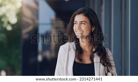 Happy, corporate and business woman in city for mockup space, professional or happiness. Commute, modern and natural with female employee thinking in urban outdoor for motivation, confident and pride